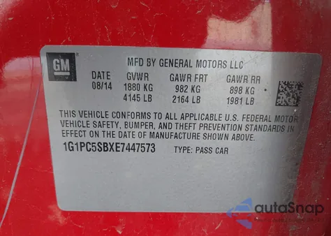 2014 Chevrolet Cruze 1Lt Auto из США, поврежденный, VIN 1G1PC5SBXE7447573